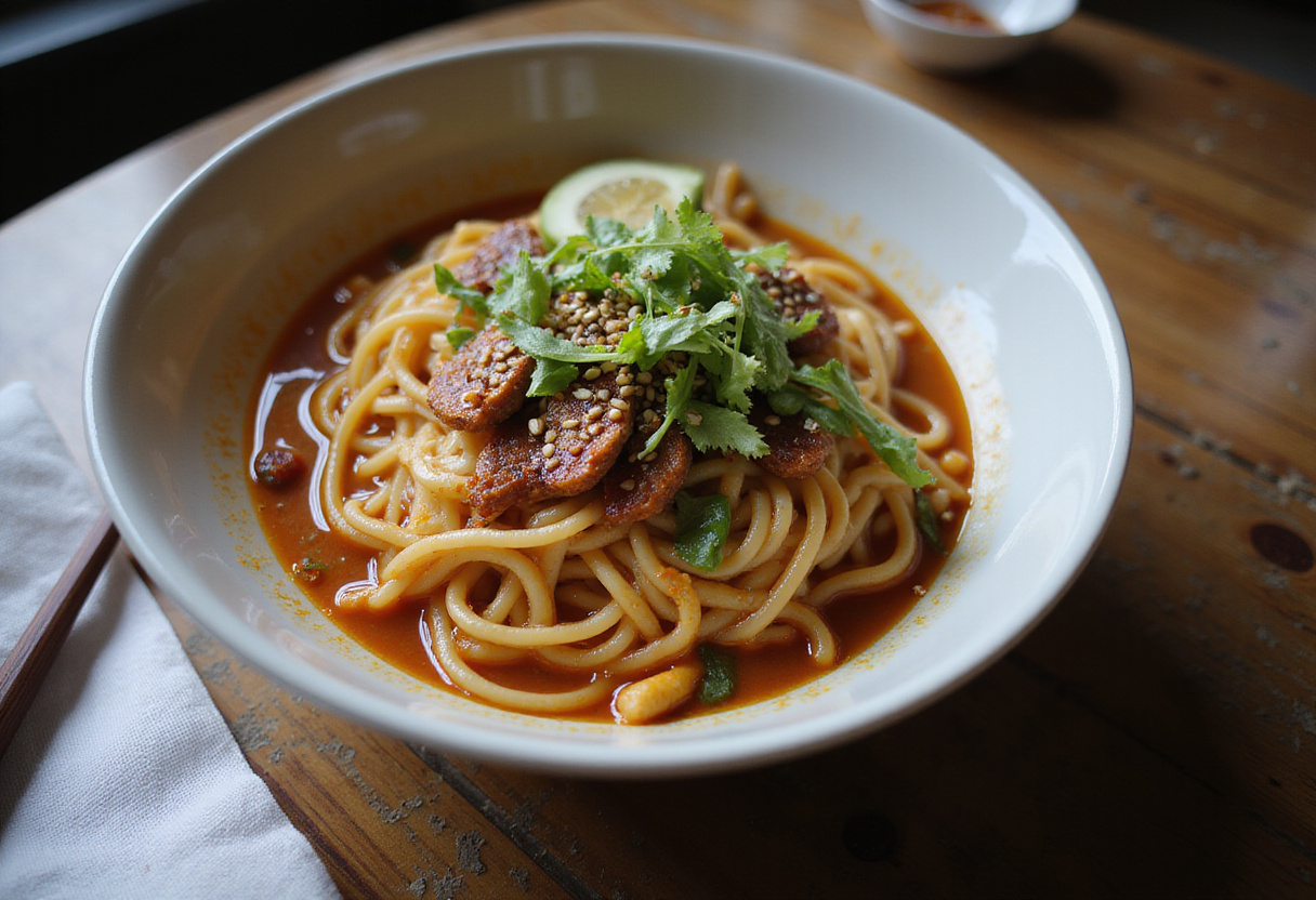 Delicious and vibrant bowl of saucy ramen noodles, showcasing an easy and flavorful recipe finished with toppings.