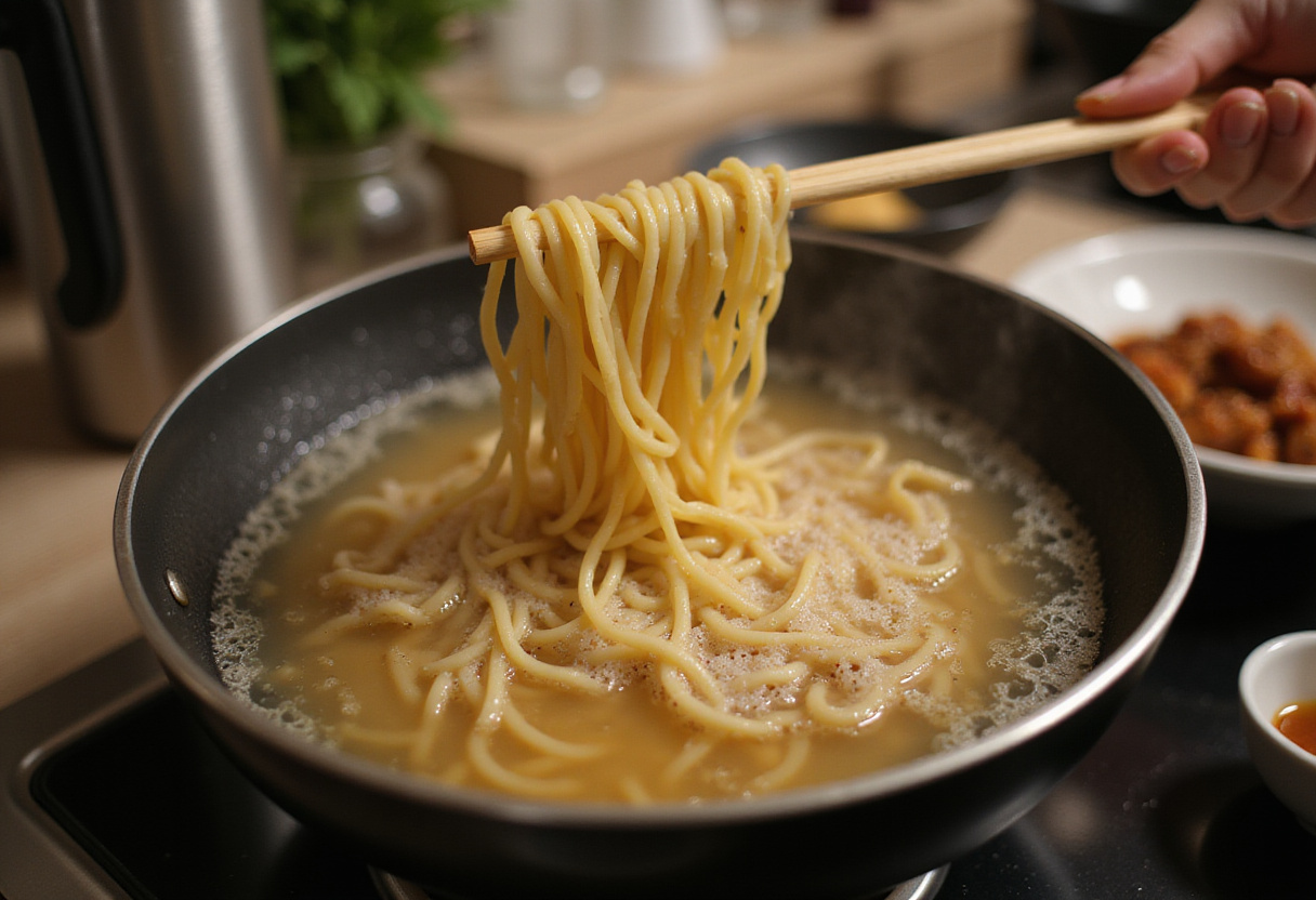 Cooking ramen noodles in a pot on the stove, perfect for easy saucy ramen noodles recipe.