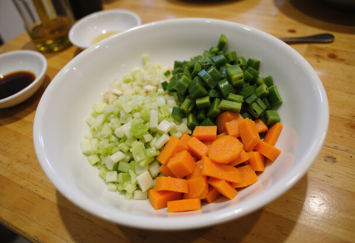 Chopped vegetables and sauces prepared for the ultimate saucy ramen noodles, including soy sauce and sesame oil.