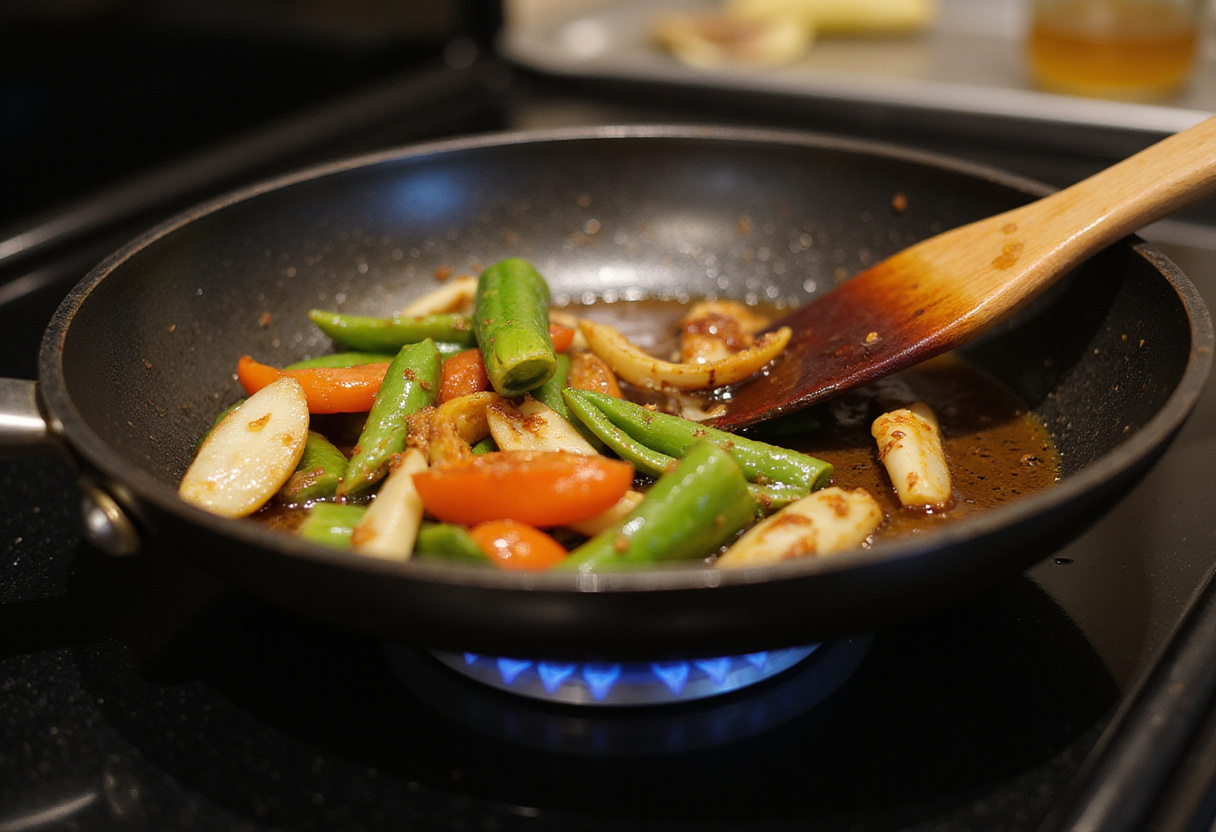 Cooking sautéed vegetables for ramen in a frying pan with soy sauce and sesame oil to enhance the flavor.