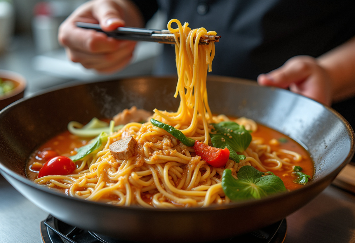 Mixing cooked ramen noodles with sautéed vegetables and sauce, creating the best and easy saucy ramen noodles.