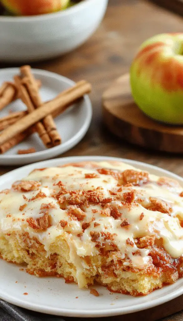 A slice of Apple Cinnamon Sheet Cake resting on a white plate. The golden-brown cake features a cinnamon-spiced crumb topping and a moist, fluffy interior. It is garnished with a light dusting of powdered sugar and fresh apple slices arranged artfully on the side. The background showcases a rustic wooden table with a knife and a cup of coffee, creating an inviting bakery scene.
