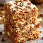 A slice of apple spice cake with golden-brown crust, visible cinnamon and apple chunks, topped with a drizzle of caramel glaze, presented on a rustic white plate with a cinnamon stick and apple slices in the background.