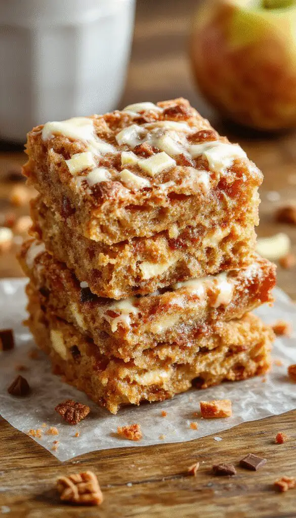 A slice of apple spice cake with golden-brown crust, visible cinnamon and apple chunks, topped with a drizzle of caramel glaze, presented on a rustic white plate with a cinnamon stick and apple slices in the background.