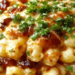 A creamy bowl of BBQ Chicken Mac and Cheese topped with melted cheddar cheese, garnished with chopped green onions. The dish features tender shredded chicken, pasta coated in a rich, cheesy sauce, and a smoky barbecue glaze, all presented on a rustic wooden table with a drizzle of barbecue sauce on the side.