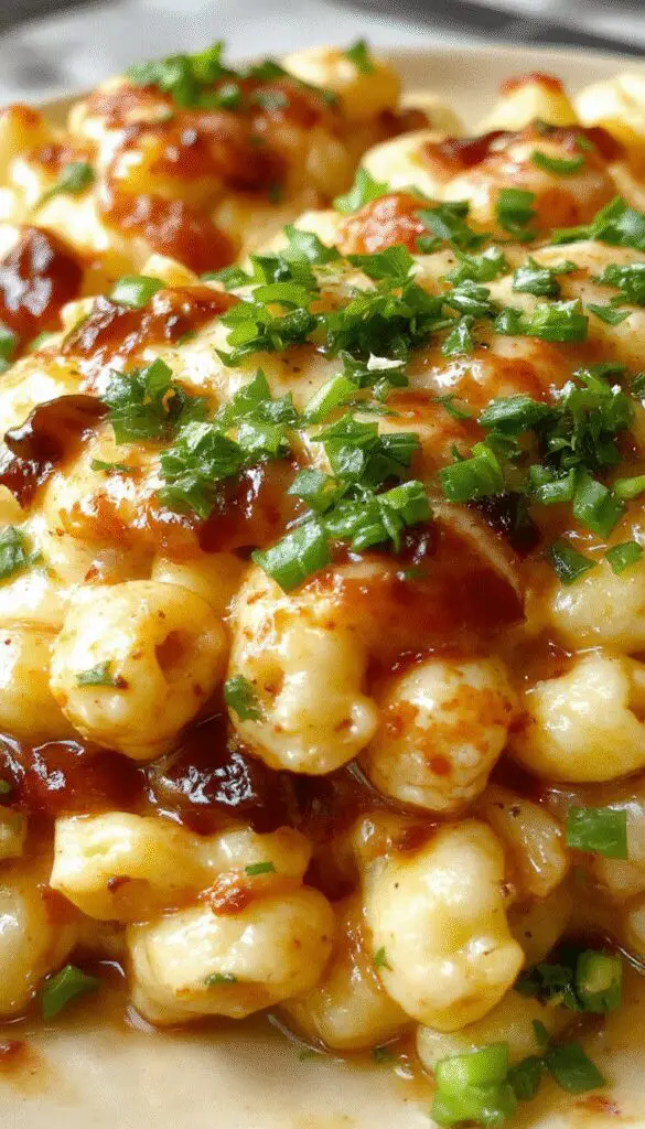 A creamy bowl of BBQ Chicken Mac and Cheese topped with melted cheddar cheese, garnished with chopped green onions. The dish features tender shredded chicken, pasta coated in a rich, cheesy sauce, and a smoky barbecue glaze, all presented on a rustic wooden table with a drizzle of barbecue sauce on the side.