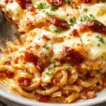 A close-up of a square serving of baked cream cheese spaghetti casserole on a white plate. The casserole has a golden-brown cheesy crust on top with visible strands of spaghetti, creamy sauce, and melted cheese. Garnished with chopped parsley, it appears rich and inviting with steam rising slightly, showcasing a gooey and textured surface.