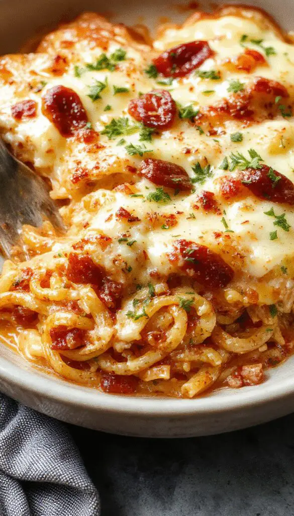 A close-up of a square serving of baked cream cheese spaghetti casserole on a white plate. The casserole has a golden-brown cheesy crust on top with visible strands of spaghetti, creamy sauce, and melted cheese. Garnished with chopped parsley, it appears rich and inviting with steam rising slightly, showcasing a gooey and textured surface.
