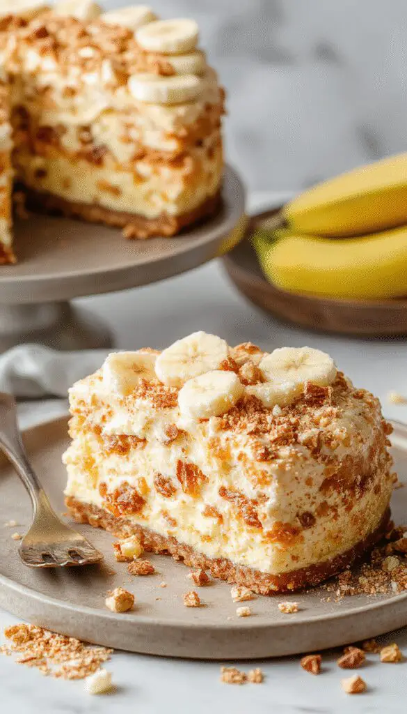 A slice of Banana Pudding Crunch Cheesecake on a white plate, showcasing a creamy, layered dessert with a golden graham cracker crust, topped with whipped cream, slices of ripe banana, and a crunchy crumble topping. The cheesecake has a smooth texture with visible banana slices and a glossy finish, beautifully presented with a sprinkle of crushed cookies around the base.