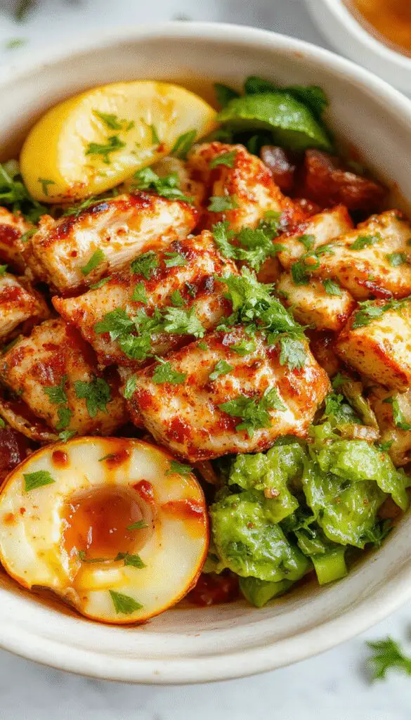 A vibrant bowl of Bang Bang Chicken featuring crispy, golden-brown shredded chicken coated in a creamy, spicy orange sauce, garnished with chopped green onions and sesame seeds, served over a bed of fresh lettuce and shredded vegetables. The dish is artfully arranged with contrasting colors and textures, inviting the viewer with its appetizing presentation.