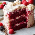 A multi-layered berry mascarpone layer cake decorated with fresh mixed berries and mint leaves on top, with smooth white frosting and a clean white plate background.