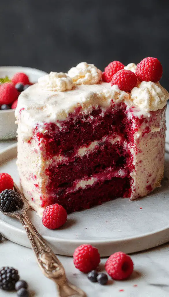 A multi-layered berry mascarpone layer cake decorated with fresh mixed berries and mint leaves on top, with smooth white frosting and a clean white plate background.