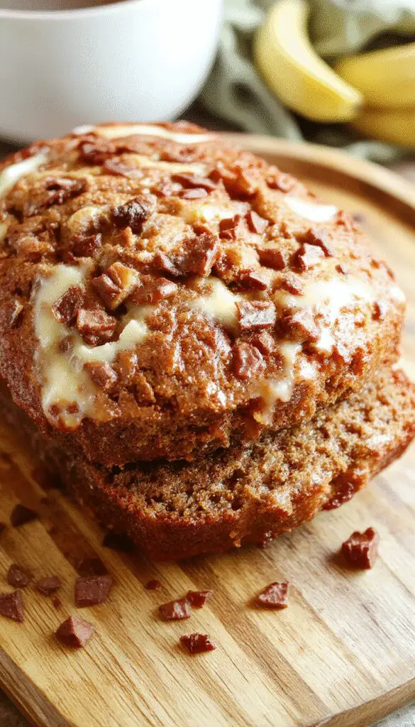 A golden-brown loaf of moist banana bread sliced to reveal a tender, dense crumb with specks of mashed bananas. The bread rests on a rustic wooden cutting board, with a few slices fanned out to showcase its texture. Soft crumbs are visible, with a slightly glossy crust that indicates moisture. The background is softly blurred, highlighting the inviting, homemade appeal.