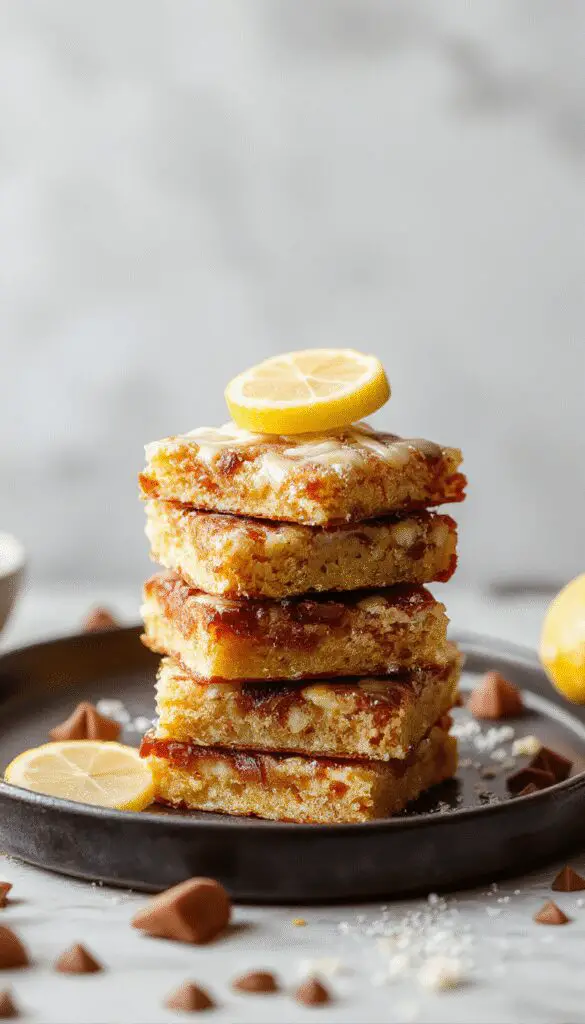 A close-up of vibrant lemon brownies arranged neatly on a white plate, showcasing their golden-brown top glazed with a glossy lemon glaze and flecks of zest. The brownies appear moist, dense, and fudgy with a bright yellow citrus drizzle adding contrast.