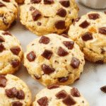Golden-brown breakfast protein biscuits arranged on a rustic wooden platter with a few biscuits broken open, revealing a soft interior dotted with protein-rich ingredients. The biscuits have a slightly craggy surface with a hint of oats and flecks of added ingredients, styled with a few fresh herbs and a drizzle of honey alongside them.