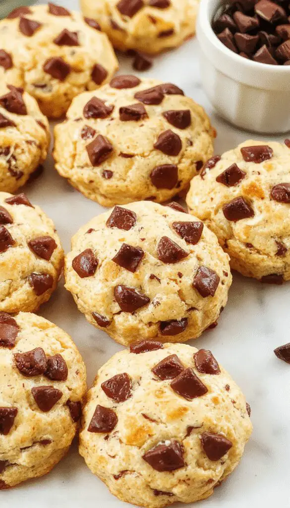 Golden-brown breakfast protein biscuits arranged on a rustic wooden platter with a few biscuits broken open, revealing a soft interior dotted with protein-rich ingredients. The biscuits have a slightly craggy surface with a hint of oats and flecks of added ingredients, styled with a few fresh herbs and a drizzle of honey alongside them.
