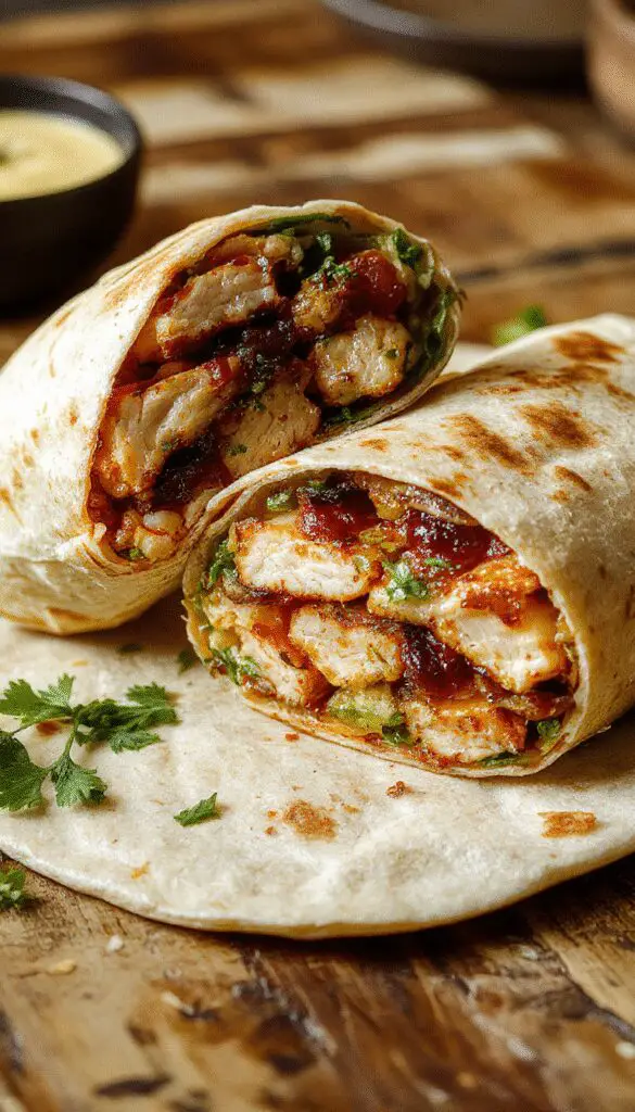 A vibrant California Turkey Club Wrap cut in half, revealing layers of golden sliced turkey, crispy bacon, fresh lettuce, ripe tomato slices, and creamy avocado, all wrapped in a lightly toasted whole wheat tortilla. The wrap is presented on a rustic wooden plate with a side of pickles and a sprig of parsley, showcasing its fresh ingredients and appealing textures.