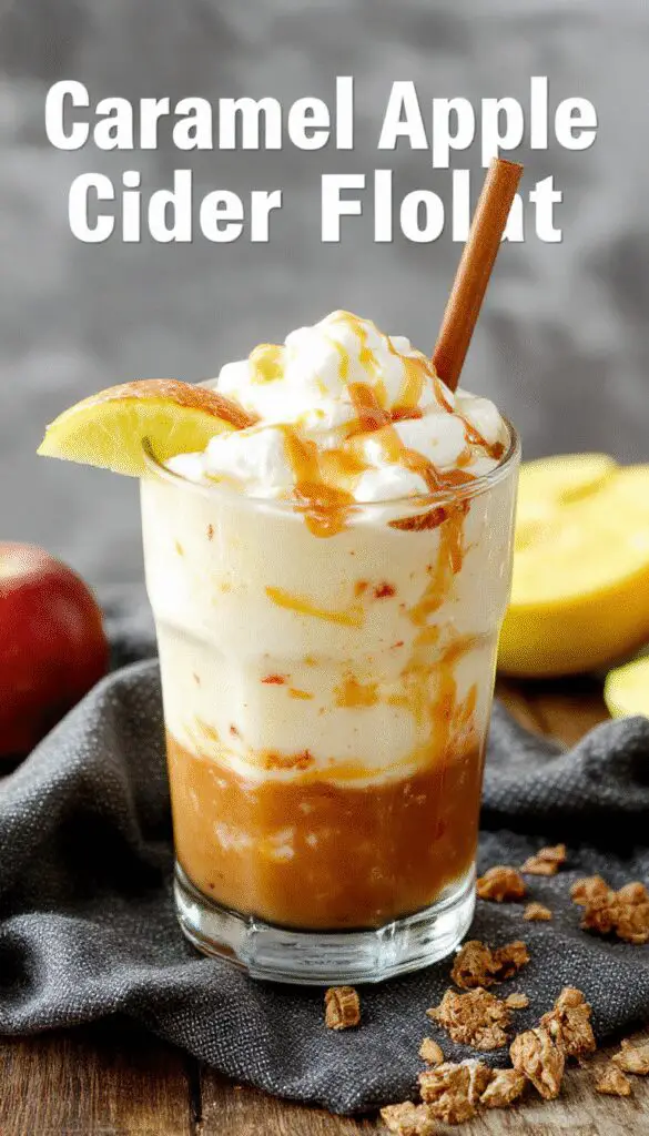 A tall glass filled with a caramel-colored apple cider float topped with whipped cream and drizzled with rich caramel sauce. The drink contains visible apple slices and a cinnamon stick garnish, with a caramel swirl pattern on the surface, set against a rustic wooden table.