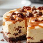 A luscious caramel brownie cheesecake slice on a white plate, showcasing a rich chocolate crust, creamy cheesecake layer, topped with glossy caramel and crumbled brownie pieces, with a drizzle of caramel sauce on the side.