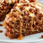 A slice of caramel toffee crunch cake on a white plate, showcasing layers of golden caramel, crispy toffee bits, and rich moist cake. The cake is topped with a drizzle of glossy caramel sauce and a sprinkle of crushed toffee pieces, with a backdrop of a rustic wooden table and a few caramel drips to enhance the indulgent appeal.