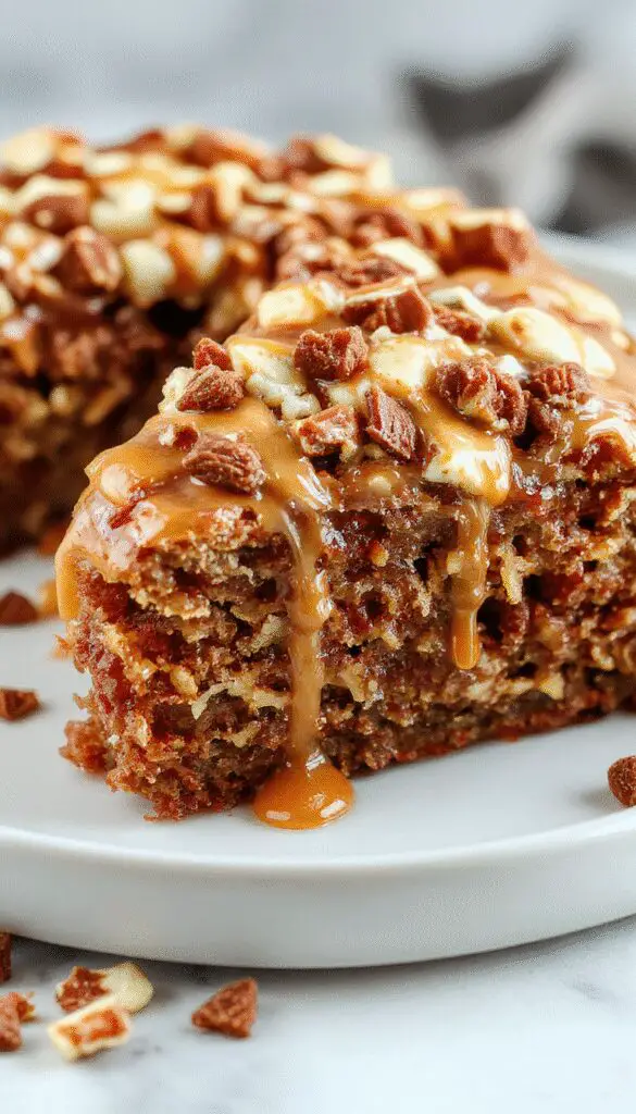 A slice of caramel toffee crunch cake on a white plate, showcasing layers of golden caramel, crispy toffee bits, and rich moist cake. The cake is topped with a drizzle of glossy caramel sauce and a sprinkle of crushed toffee pieces, with a backdrop of a rustic wooden table and a few caramel drips to enhance the indulgent appeal.