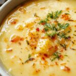 A steaming bowl of Cheddar Garlic Herb Potato Soup featuring a creamy, thick consistency with chunks of tender potatoes, melted cheddar cheese on top, garnished with fresh herbs and a drizzle of cream. The bowl is set on a rustic wooden table with a spoon partially dipped into the soup, inviting comfort and warmth.