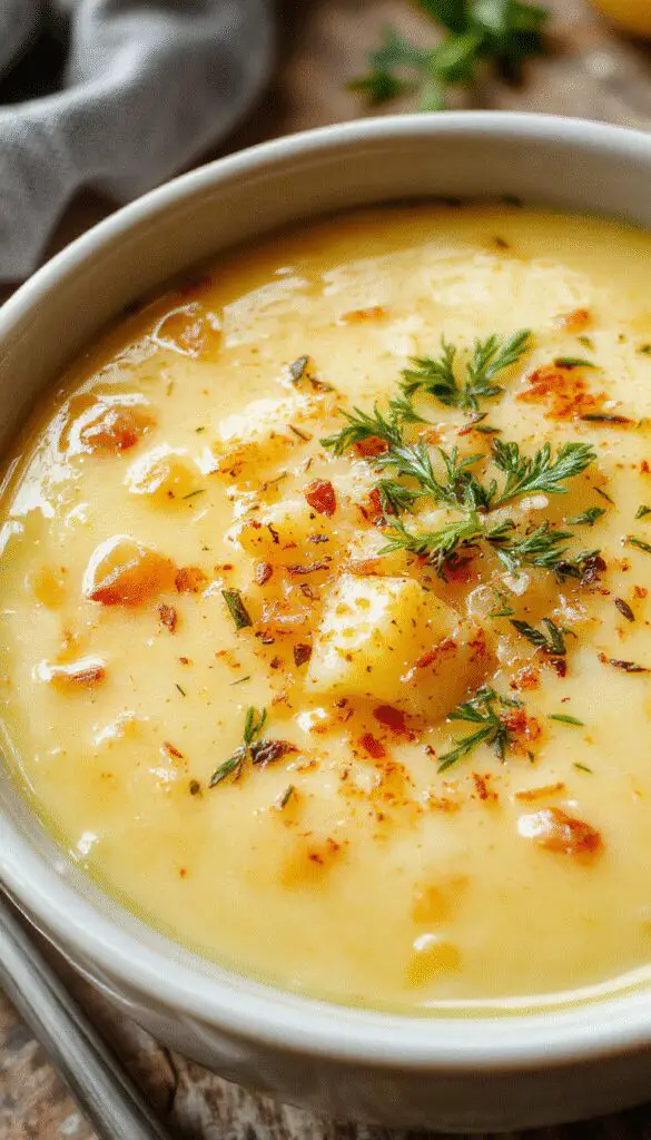 A steaming bowl of Cheddar Garlic Herb Potato Soup featuring a creamy, thick consistency with chunks of tender potatoes, melted cheddar cheese on top, garnished with fresh herbs and a drizzle of cream. The bowl is set on a rustic wooden table with a spoon partially dipped into the soup, inviting comfort and warmth.