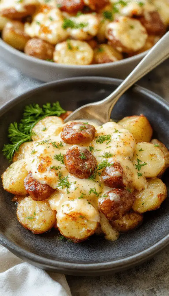 A close-up of a rustic serving dish filled with golden-brown roasted potatoes coated in creamy ranch dressing, melted cheese, and slices of smoky sausage, garnished with fresh herbs. The dish showcases a rich, cheesy exterior with crispy edges and tender interior, presented on a wooden surface with natural lighting highlighting the gooey cheese and vibrant sausage slices.