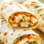 A close-up of a chicken Caesar wrap sliced diagonally to reveal tender grilled chicken, crisp romaine lettuce, creamy Caesar dressing, all wrapped in a golden-brown tortilla. The wrap is placed on a rustic wooden plate with a few fresh romaine leaves and grated Parmesan cheese scattered nearby, highlighting the fresh ingredients and appealing textures.