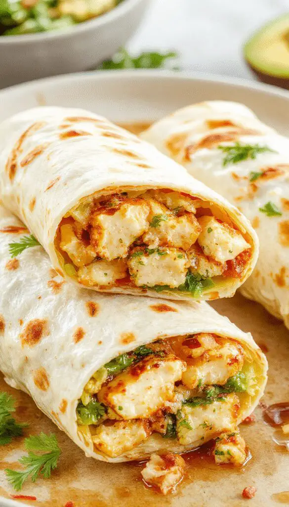 A close-up of a chicken Caesar wrap sliced diagonally to reveal tender grilled chicken, crisp romaine lettuce, creamy Caesar dressing, all wrapped in a golden-brown tortilla. The wrap is placed on a rustic wooden plate with a few fresh romaine leaves and grated Parmesan cheese scattered nearby, highlighting the fresh ingredients and appealing textures.