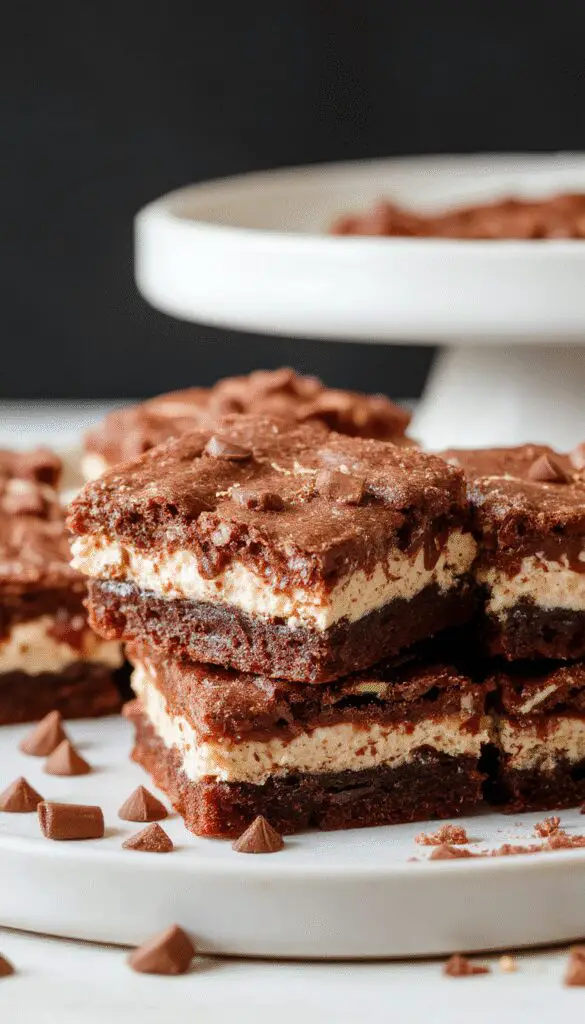 A sliced chocolate mousse brownie revealing its rich, creamy layers with a glossy, dark chocolate top crust. The brownie sits on a rustic wooden surface garnished with a dusting of powdered sugar, showcasing its moist, fudgy interior and luscious mousse layers.