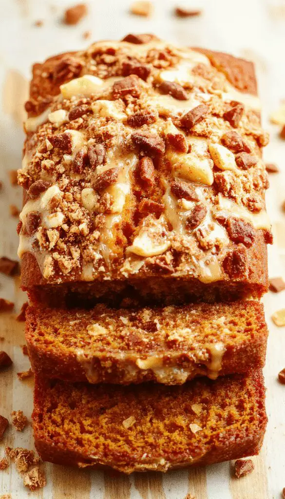 A golden-brown loaf of pumpkin bread topped with a crunchy streusel layer and drizzled with a glossy maple glaze, sliced to reveal moist interior pieces. The bread is arranged on a rustic wooden surface with autumn leaves scattered around, emphasizing its seasonal appeal.