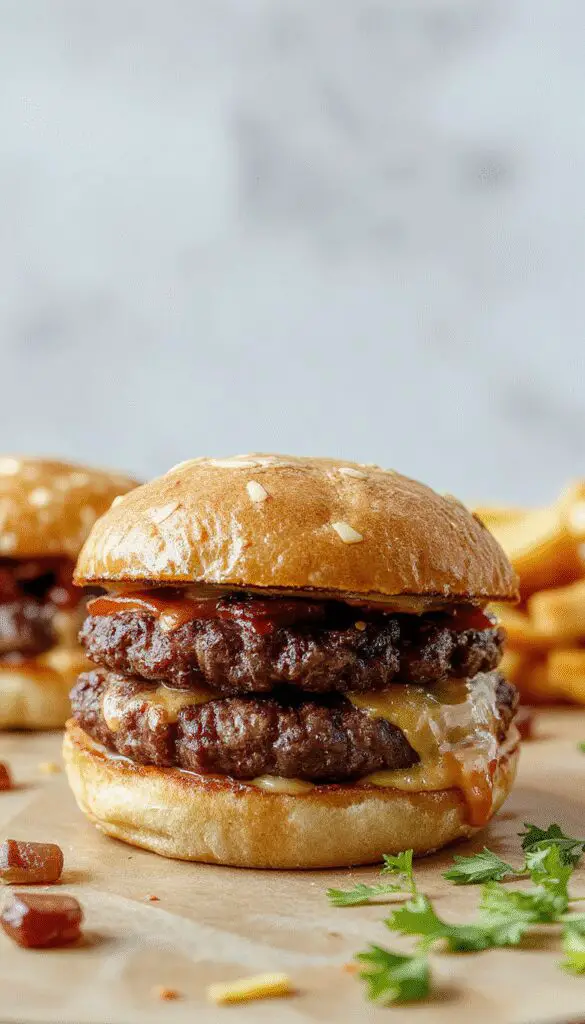 A close-up of a juicy Crack Burger featuring a perfectly toasted bun, melted cheese dripping over a seasoned beef patty, crispy bacon strips, fresh lettuce, tomato slices, and a dollop of sauce, all arranged on a rustic wooden platter.