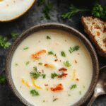 A bowl of vibrant green cream of spring vegetable soup garnished with fresh herbs, served in a rustic white bowl on a wooden table with a slice of crusty bread beside it, steam gently rising from the warm soup showing a smooth, velvety texture with visible bits of spring vegetables