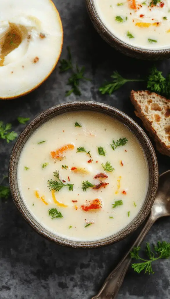 A bowl of vibrant green cream of spring vegetable soup garnished with fresh herbs, served in a rustic white bowl on a wooden table with a slice of crusty bread beside it, steam gently rising from the warm soup showing a smooth, velvety texture with visible bits of spring vegetables