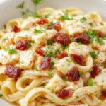 A close-up shot of a plate of creamy chicken bacon ranch pasta garnished with chopped parsley. The pasta is coated in a rich, smooth, pale sauce with visible crispy bacon pieces and tender chicken strips. The dish is presented on a rustic wooden table with a fork resting alongside, highlighting the luscious textures and inviting appearance.