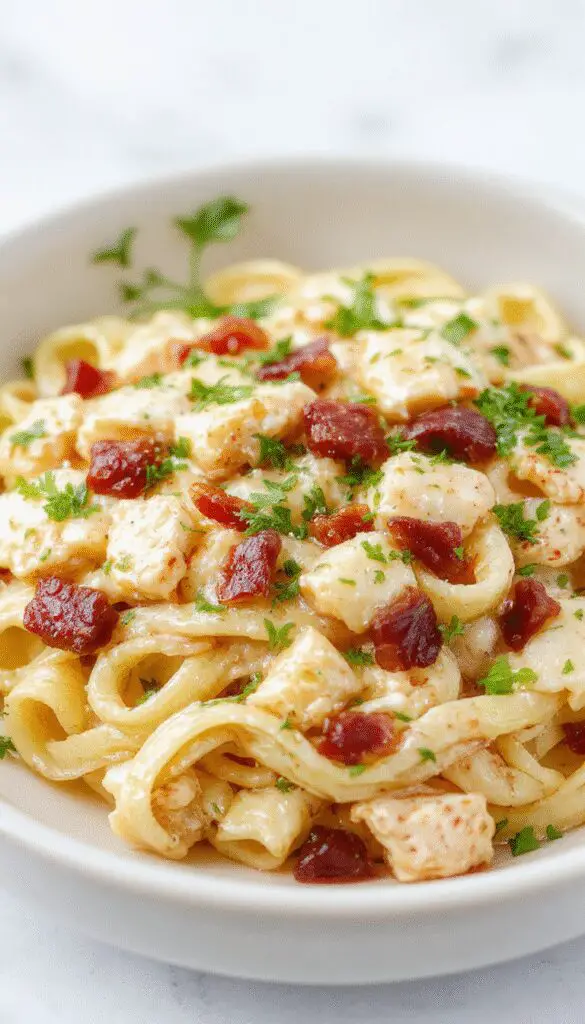 A close-up shot of a plate of creamy chicken bacon ranch pasta garnished with chopped parsley. The pasta is coated in a rich, smooth, pale sauce with visible crispy bacon pieces and tender chicken strips. The dish is presented on a rustic wooden table with a fork resting alongside, highlighting the luscious textures and inviting appearance.