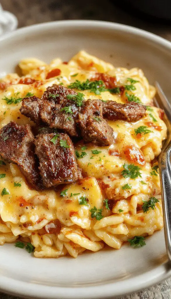 A close-up of a vibrant plate featuring fluffy white rice topped with melted creamy queso sauce, garnished with tender, juicy steak strips, colorful herbs, and a sprinkle of pepper, all arranged attractively on a rustic wooden table.