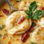 A vibrant bowl of Creamy Tuscan Ravioli Soup featuring golden ravioli, spinach leaves, cherry tomatoes, and a creamy white broth garnished with fresh herbs, presented in a rustic white bowl on a wooden table background.