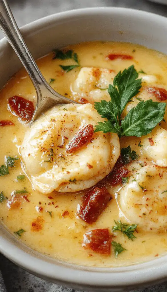 A vibrant bowl of Creamy Tuscan Ravioli Soup featuring golden ravioli, spinach leaves, cherry tomatoes, and a creamy white broth garnished with fresh herbs, presented in a rustic white bowl on a wooden table background.