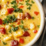 A vibrant bowl of creamy vegetable soup garnished with fresh herbs, showcasing a smooth, velvety texture with colorful chunks of carrots, celery, and zucchini visible against a backdrop of a rustic plate and a wooden surface.