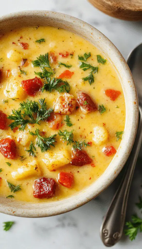 A vibrant bowl of creamy vegetable soup garnished with fresh herbs, showcasing a smooth, velvety texture with colorful chunks of carrots, celery, and zucchini visible against a backdrop of a rustic plate and a wooden surface.