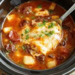 A warm bowl of crockpot lasagna soup garnished with fresh basil and melted cheese, surrounded by pasta, vegetables, and a rustic spoon. The vibrant orange broth contrasts with the green herbs, creating an inviting, hearty presentation.