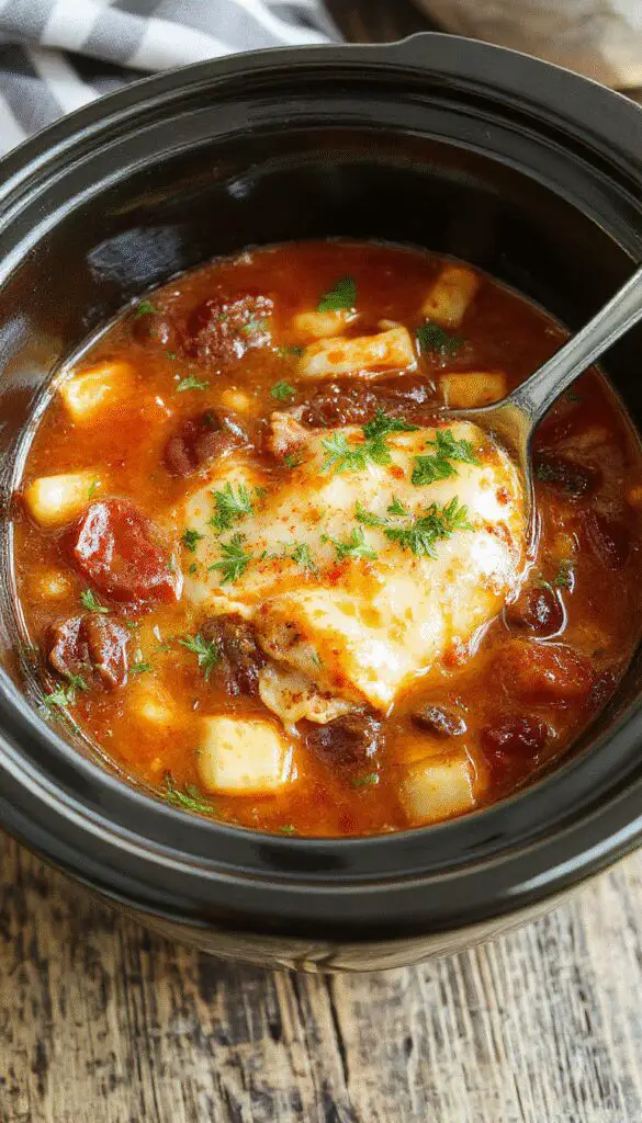A warm bowl of crockpot lasagna soup garnished with fresh basil and melted cheese, surrounded by pasta, vegetables, and a rustic spoon. The vibrant orange broth contrasts with the green herbs, creating an inviting, hearty presentation.