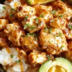 A bowl of tender, shredded chicken coated in a rich, creamy peanut sauce, garnished with chopped peanuts and fresh cilantro, served alongside steamed rice on a rustic wooden table.