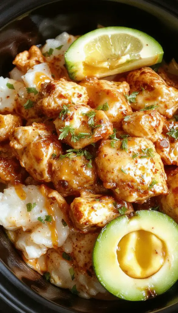 A bowl of tender, shredded chicken coated in a rich, creamy peanut sauce, garnished with chopped peanuts and fresh cilantro, served alongside steamed rice on a rustic wooden table.