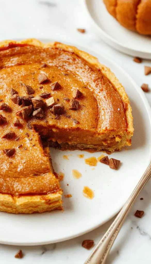 A slice of crustless pumpkin pie on a white plate, topped with a dollop of whipped cream and a sprinkle of cinnamon, set against a warm wooden table