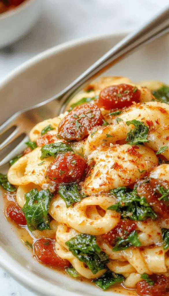 A vibrant plate of spinach and tomato pasta showcases al dente pasta coated in a rich, red tomato sauce, topped with fresh green spinach leaves and grated cheese. The dish is styled simply on a white dinner plate, with a garnish of chopped herbs, capturing the freshness and vivid colors of the ingredients.