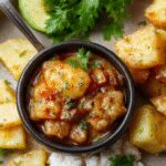 A vibrant plate of Persian Potato Curry featuring golden-brown potatoes coated in a rich, spiced tomato sauce, garnished with fresh herbs and served in a traditional porcelain bowl, with steam gently rising.