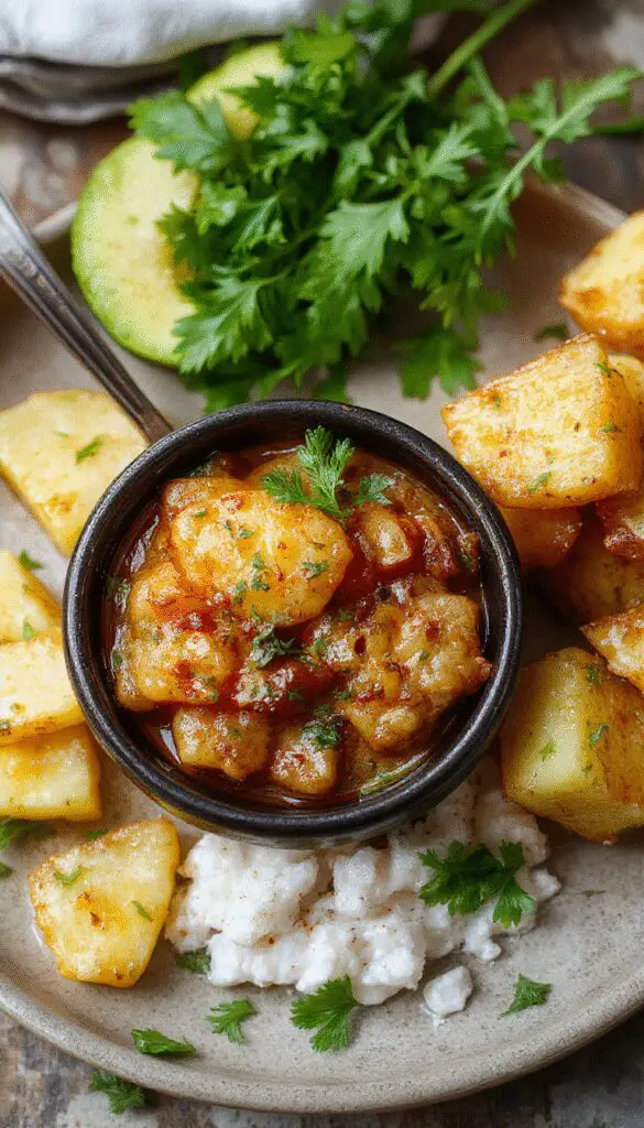 A vibrant plate of Persian Potato Curry featuring golden-brown potatoes coated in a rich, spiced tomato sauce, garnished with fresh herbs and served in a traditional porcelain bowl, with steam gently rising.